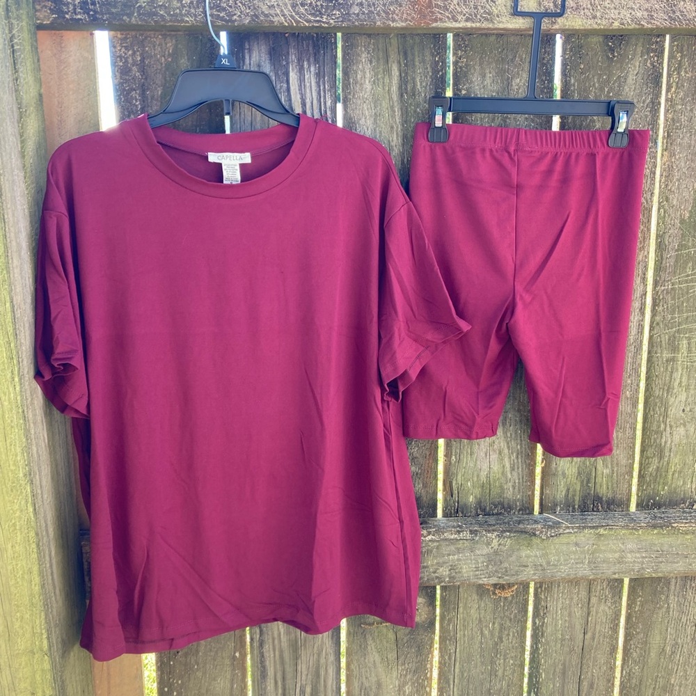Maroon Short Sleeve Top & Biker Shorts Set